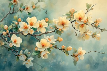 Blooming Branches - A painting of a tree with yellow flowers, showcasing the beauty of nature and the vibrant colors of the flowers. Generative AI