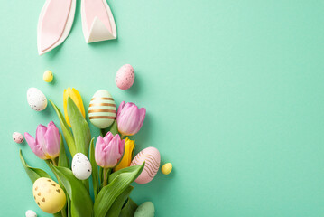 Fototapeta na wymiar Bursting with Easter charm! Top view snapshot showcasing a mix of tulips and colorful eggs, enhanced with adorable bunny ears. Against a teal setting, providing space for your text or promotion