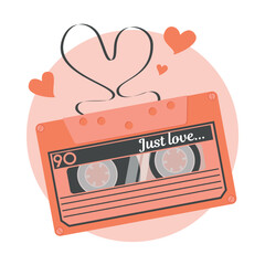 Film audio cassette is a symbol of the nineties. Trendy illustration for Valentine's Day, theme of music lovers, nostalgia. In Pantone 2024