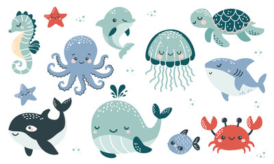 Vector illustration collection in children's Scandinavian style. Orca dolphin dolphin crab jellyfish octopus fish turtle shark seahorse. Vector illustration - obrazy, fototapety, plakaty