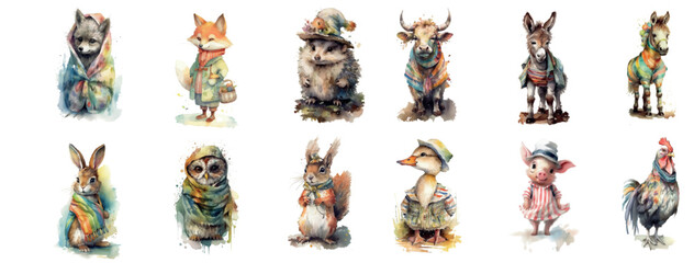 Whimsical Collection of Animals in Clothes: Artistic Illustration Featuring Dressed Up Pets and Wildlife in Various Outfits, Perfect for Children’s Books and Creative Projects