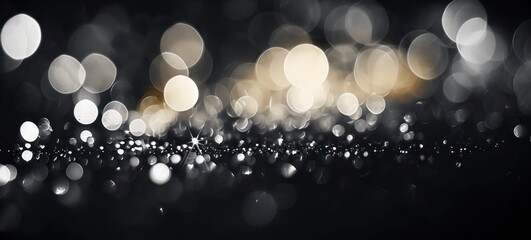 Silver bokeh, white raining light, blurry lights, blurry background, grey confettis on a black background, black and white, night lights, city lights, Generative AI 