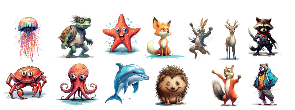 Collection of Adorable Cartoon Animals and Sea Creatures, Colorful Vector Illustrations for Kids and Educational Content