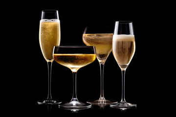 Set of crystal-clear flute glass of champagne isolated on black background