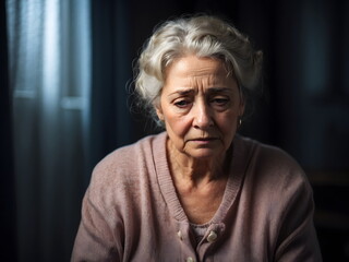 Depressed Senior Woman in a Dark Room - Sad and Gloomy expression of her face