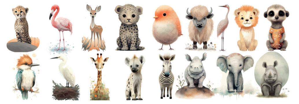 Adorable Collection of Illustrated Baby Animals: From a Playful Cheetah Cub to a Fluffy Little Elephant, Perfect for Children’s Books and Educational Content