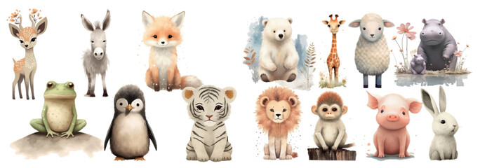 Adorable Collection of Watercolor Animals Illustration, Perfect for Nursery Decor, Children’s Books, and Educational Materials