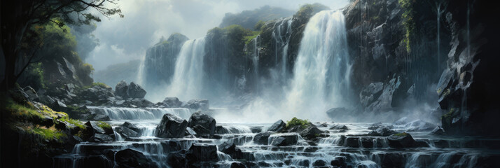 Jungle, waterfall. Panoramic view. Digital art.