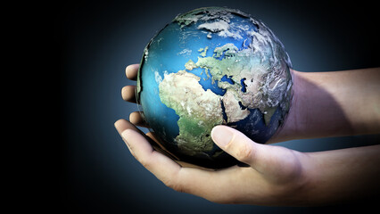 Hands holding a globe against dark background. 3D illustration