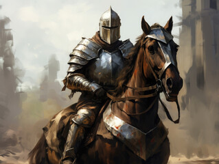 Knight in armor on horseback. Digital art. - obrazy, fototapety, plakaty