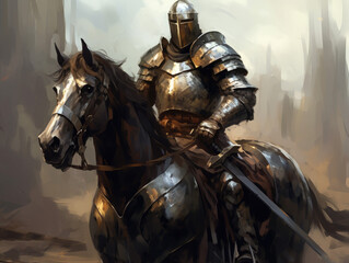 Knight in armor on horseback. Digital art.