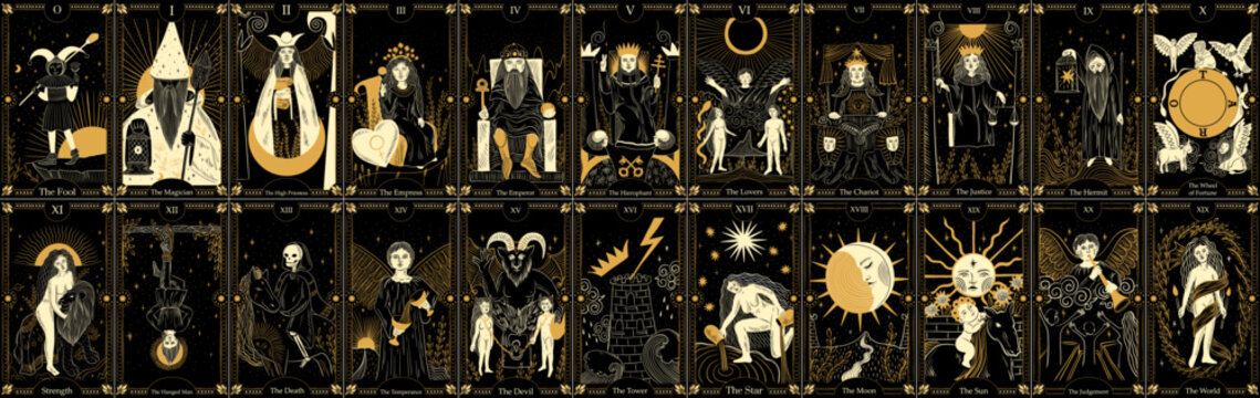 vintage vintage style deck of tarot cards. magical predictions of the future, mysterious characters.	