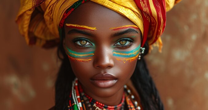 African Beauty: A Dazzling Display of Colorful Painted Eyes and Face Paint Generative AI