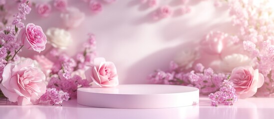 Podium product display with pink rose flower of romantic scene background. Generated AI image