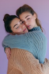 close-up photo of two women hugging each other