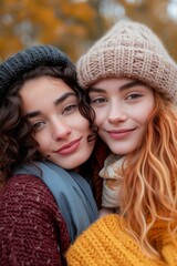 close-up photo of two women hugging each other