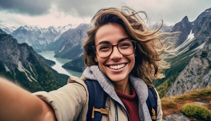 Naklejka premium Traveler or Content Creator making a Selfie - Panoramic Background with Happy Person - Travel Hype