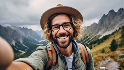 Traveler or Content Creator making a Selfie - Panoramic Background with Happy Person - Travel Hype