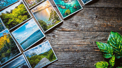 Fototapeta na wymiar Collage of photos on wooden table
