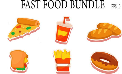 Explore a mouthwatering Fast Food Bundle vector illustration on Shutterstock featuring a delectable mix of pizza, cold drink, burger, sandwich, French fries, and donut. Satisfy your cravings with this