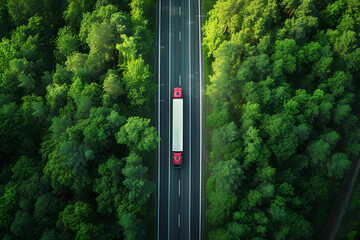 Aerial top view of car and truck driving on highway road in green forest. Sustainable transport. Drone view of hydrogen energy truck and electric vehicle driving on asphalt road through green forest