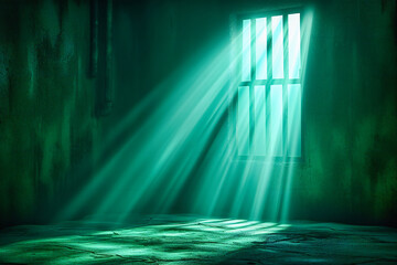 Light streaming through prison bars, concept of hope and freedom, dark interior with rays of sunlight, abstract justice background