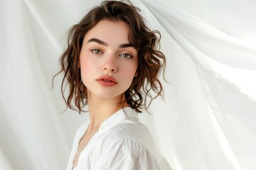portrait of a woman in white over white background
