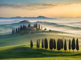 Fototapeta premium Sunrise in Tuscany Illustration - Fictional Farm in Italy - Rural Misty Countryside in the morning