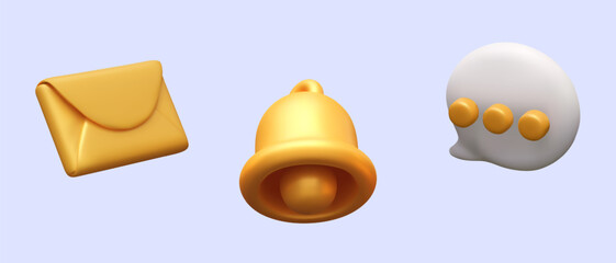 Realistic envelope, golden bell, comment cloud with three dots