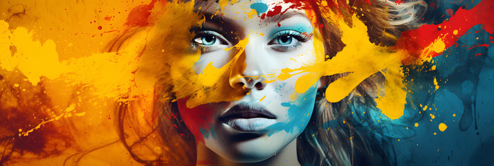 Artistic colorful paint splash in a double exposure with an attractive woman portrait