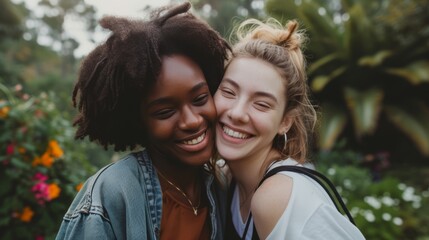 close-up photo of two smiling women hugging each other