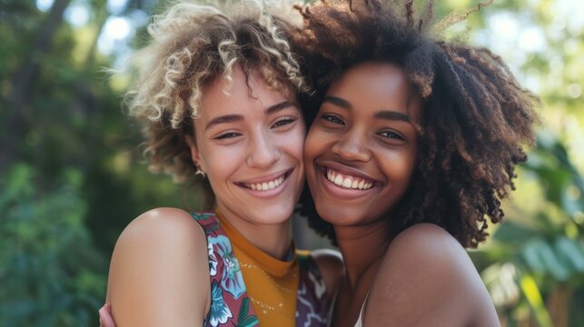 close-up photo of two smiling women hugging each other