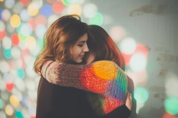 photo of two girls hugging each other under the shimmering disco ball light