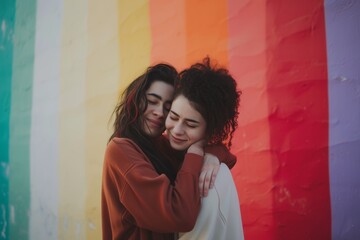 close-up photo of two girls hugging each other next to painted wall