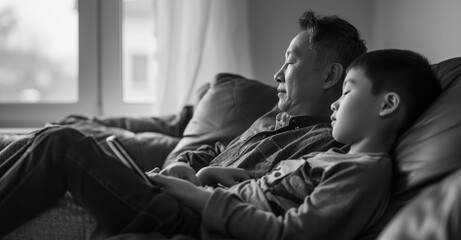 Black and white photo of parent and child resting on the sofa - obrazy, fototapety, plakaty