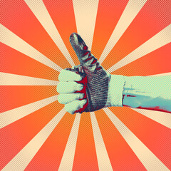 Retro pop art poster, A man's hand in construction gloves WITH a RAISED thumb.