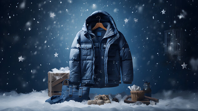 A stylish winter jacket for a man. Showcase of men's winter clothes. Winter clothes sale banner