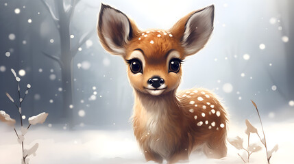 Watercolor illustration of a small deer on a winter Christmas background