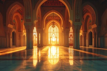 Golden sunlight streams through the arched doorways