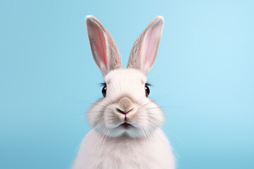 Cute white bunny in front of blue studio background
