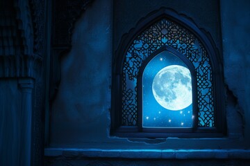 full moon seen through an intricately designed arched window