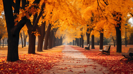 Beautiful yellow red and orange leaves in an autumn park on a br - obrazy, fototapety, plakaty
