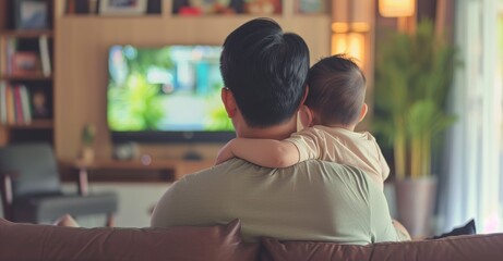 A father and a child sitting on sofa in living room and watching television, back view angle