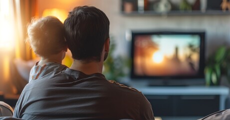 A father and a child sitting on sofa in living room and watching television, back view angle