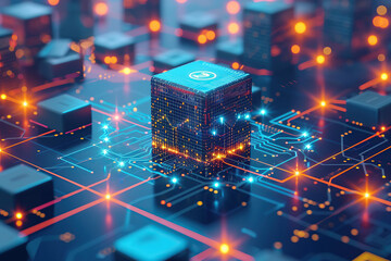 illustration of an abstract blockchain technology concept, with nodes and lightened connections Generative AI