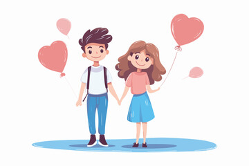 Cartoon Lovers with heart shape balloon for valentine's, little couple with hearts on white background, for valentines day concept, Cartoon Couple