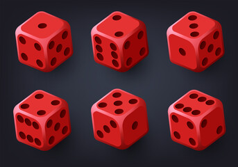 Red dice with black dots. Vector set isolated on white background. 3d dice.