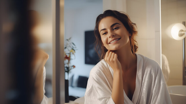 A young woman in the bathroom smiles in the mirror after cosmetic procedures. Self care