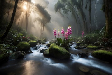 Misty Rainforest Along a Tropical Creek - Sun-dappled Rainforest Views: Orchids and Foliage...