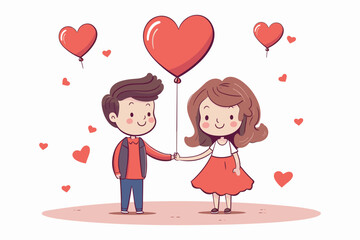 Cartoon Lovers with heart shape balloon for valentine's, little couple with hearts on white background, for valentines day concept, Cartoon Couple